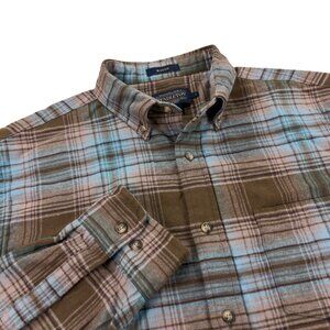 Pendleton Mason Flannel Mens Size L Button Down Shirt Brown & Teal Plaid